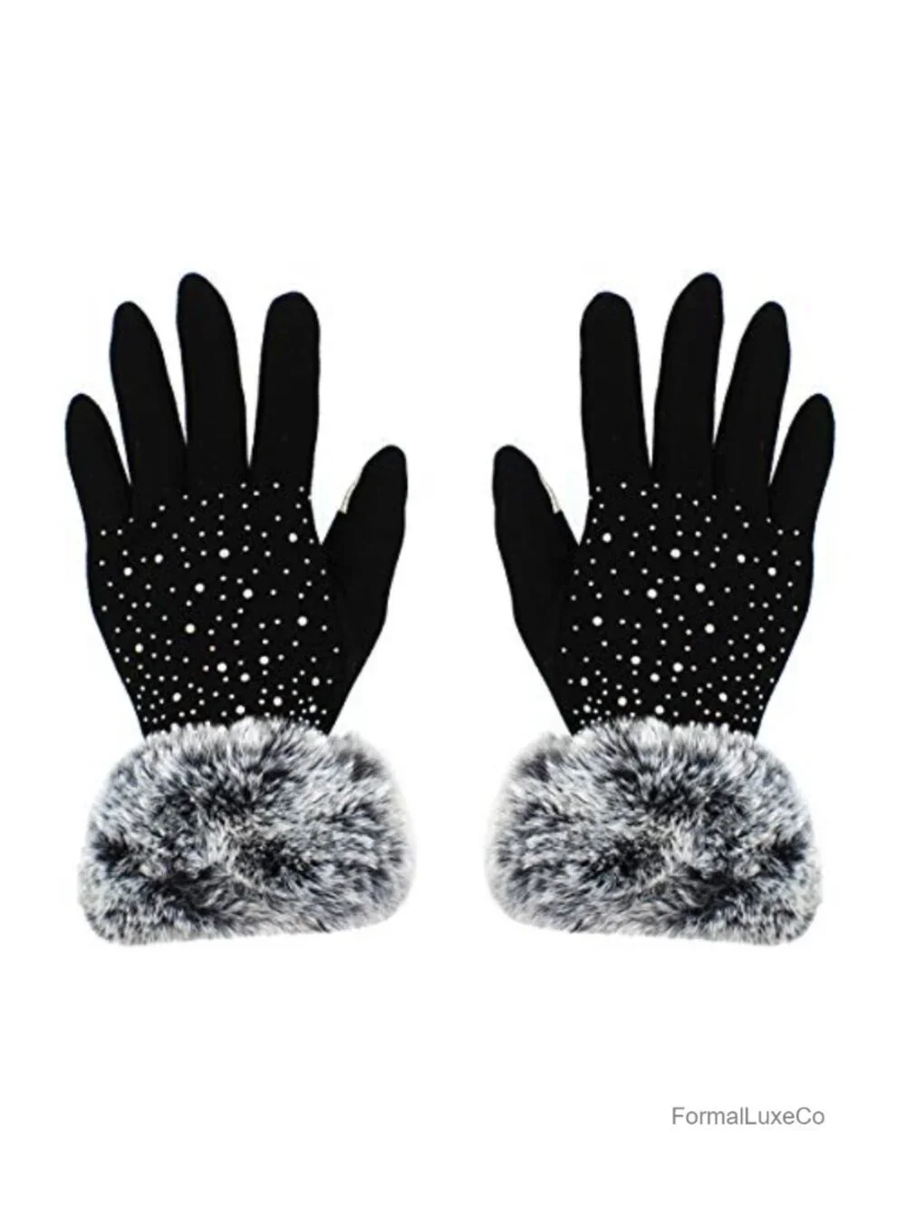 Luxurious Rhinestone Touchscreen Gloves with Faux Fur Cuffs Fleece Lined